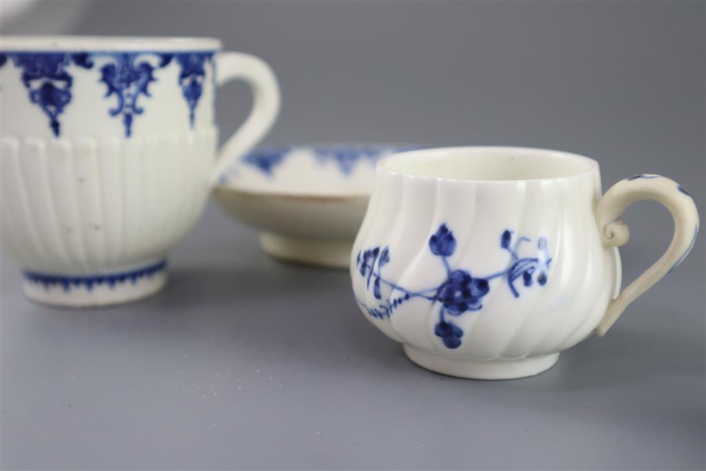 A St. Cloud cup and trembleuse saucer, c.1725-1740 and a Chantilly custard cup and cover, c.1750, (4)